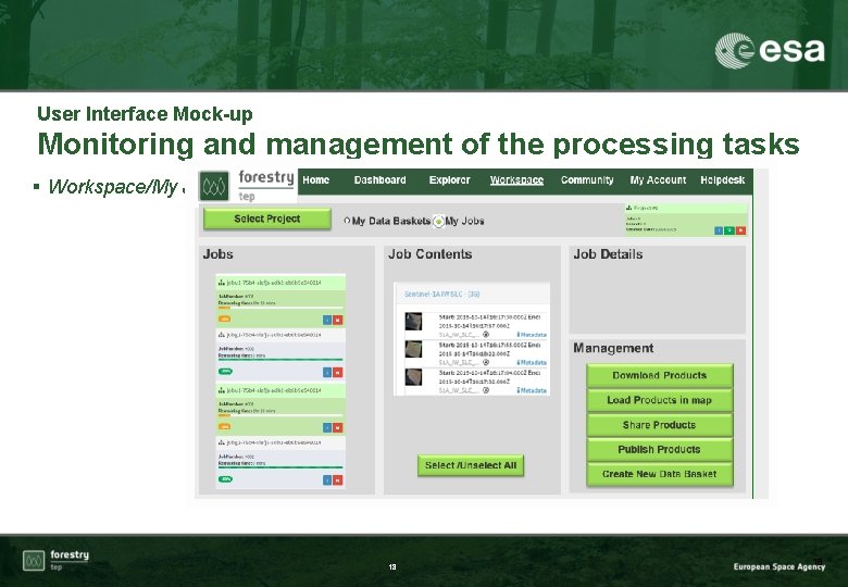 User Interface Mock-up Monitoring and management of the processing tasks § Workspace/My Jobs 18