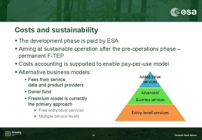 Costs and sustainability § The development phase is paid by ESA § Aiming at