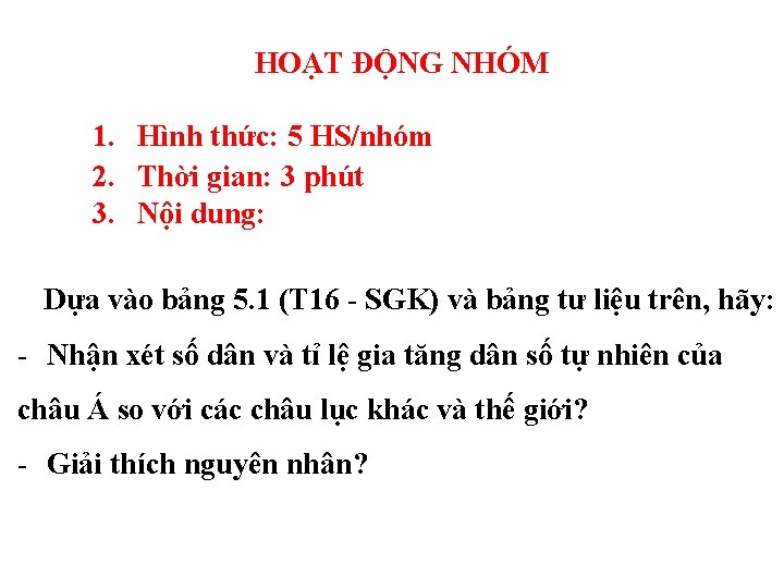 HOẠT ĐỘNG NHÓM 1. Hình thức: 5 HS/nhóm 2. Thời gian: 3 phút 3.