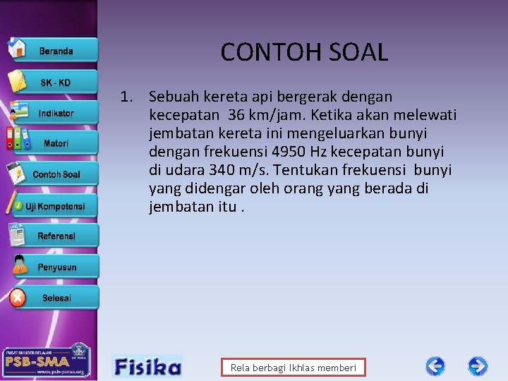 CONTOH SOAL 1. Sebuah kereta api bergerak dengan kecepatan 36 km/jam. Ketika akan melewati