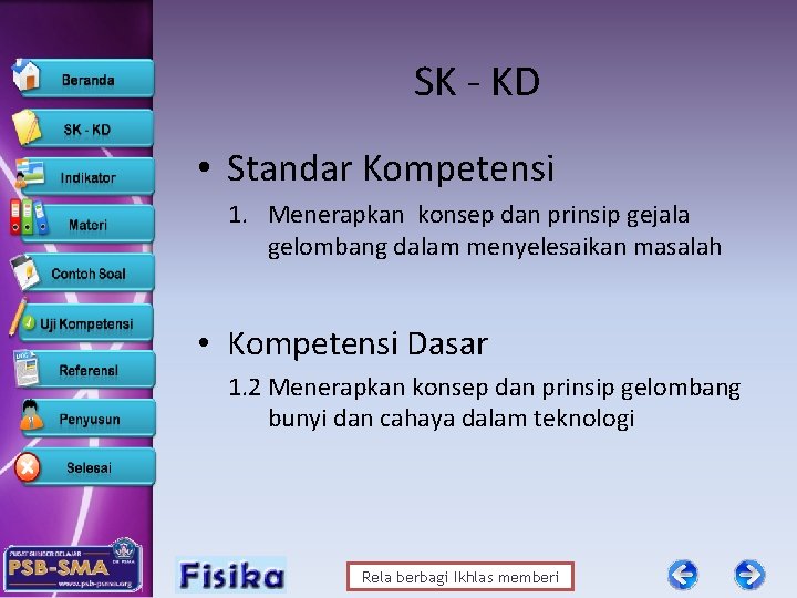 SK - KD • Standar Kompetensi 1. Menerapkan konsep dan prinsip gejala gelombang dalam