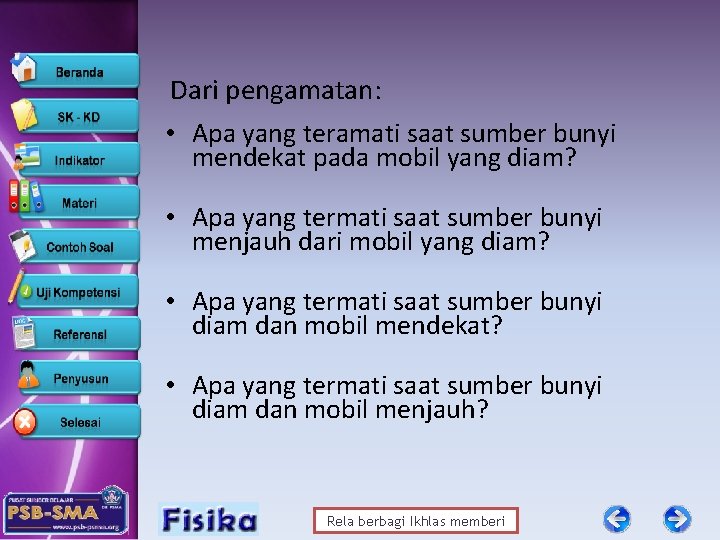 Dari pengamatan: • Apa yang teramati saat sumber bunyi mendekat pada mobil yang diam?