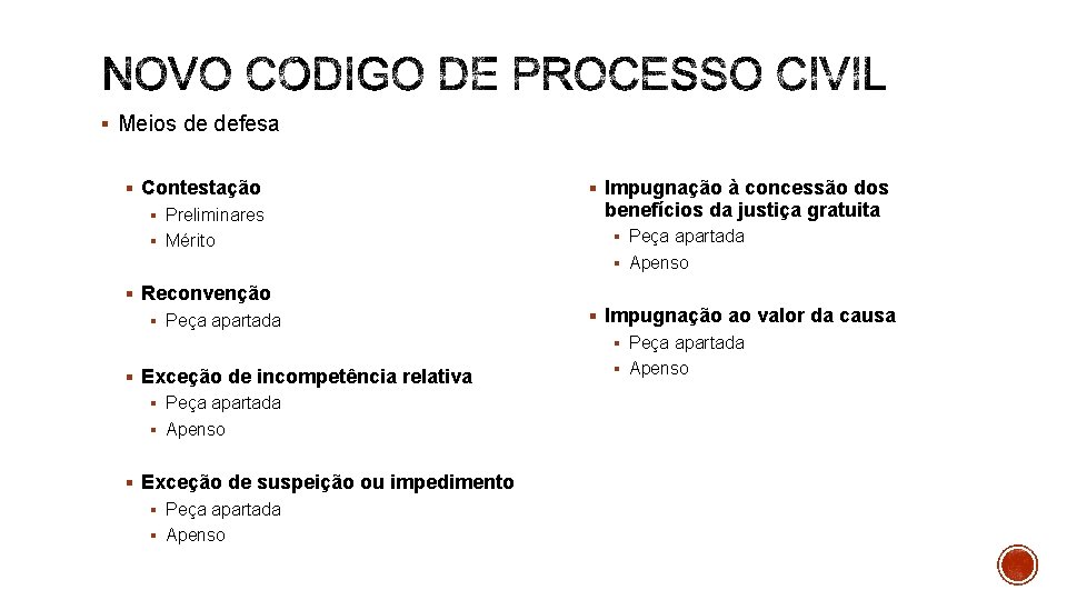 § Meios de defesa § Contestação § Preliminares § Mérito § Impugnação à concessão