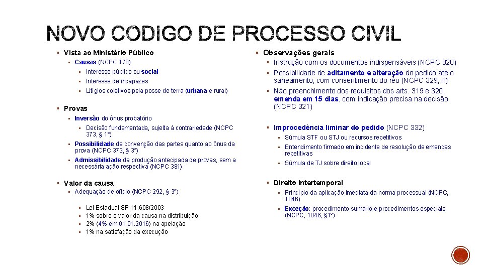 § Vista ao Ministério Público § Causas (NCPC 178) § Interesse público ou social