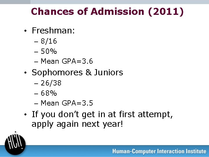 Chances of Admission (2011) • Freshman: – 8/16 – 50% – Mean GPA=3. 6