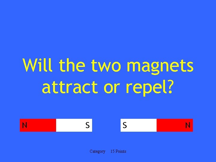 Will the two magnets attract or repel? N S S Category 15 Points N