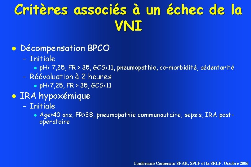 Critères associés à un échec de la VNI Décompensation BPCO – Initiale p. H< Critères associés à un échec de la VNI Décompensation BPCO – Initiale p. H<