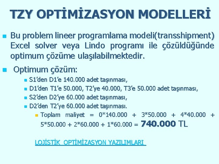 TZY OPTİMİZASYON MODELLERİ n n Bu problem lineer programlama modeli(transshipment) Excel solver veya Lindo