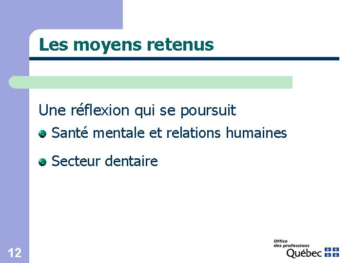 Les moyens retenus Une réflexion qui se poursuit Santé mentale et relations humaines Secteur