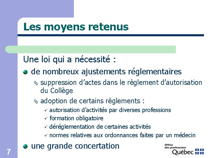 Les moyens retenus Une loi qui a nécessité : de nombreux ajustements réglementaires suppression