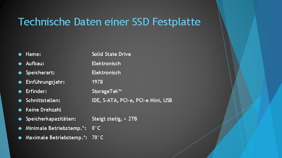 Technische Daten einer SSD Festplatte Name: Solid State Drive Aufbau: Elektronisch Speicherart: Elektronisch Einführungsjahr: