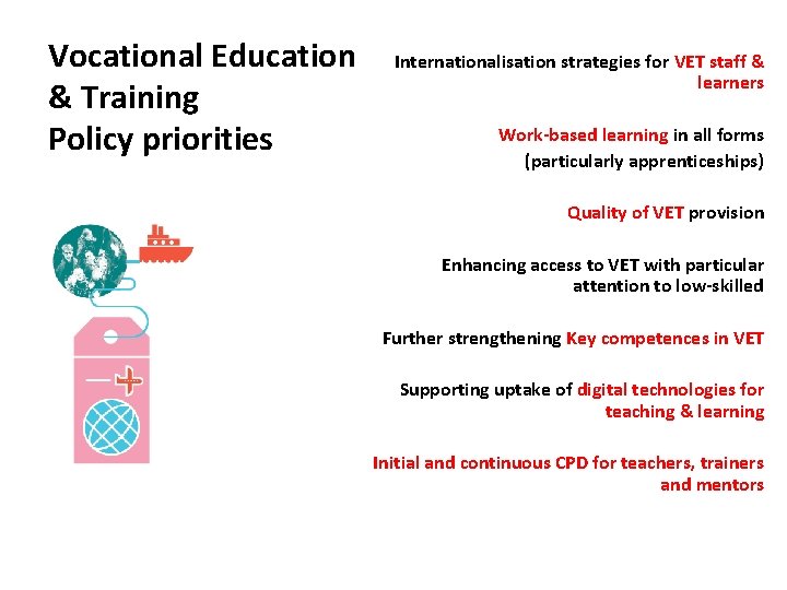 Vocational Education & Training Policy priorities Internationalisation strategies for VET staff & learners Work-based