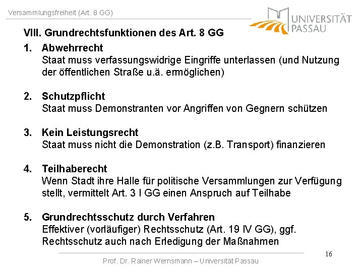 Versammlungsfreiheit (Art. 8 GG) VIII. Grundrechtsfunktionen des Art. 8 GG 1. Abwehrrecht Staat muss