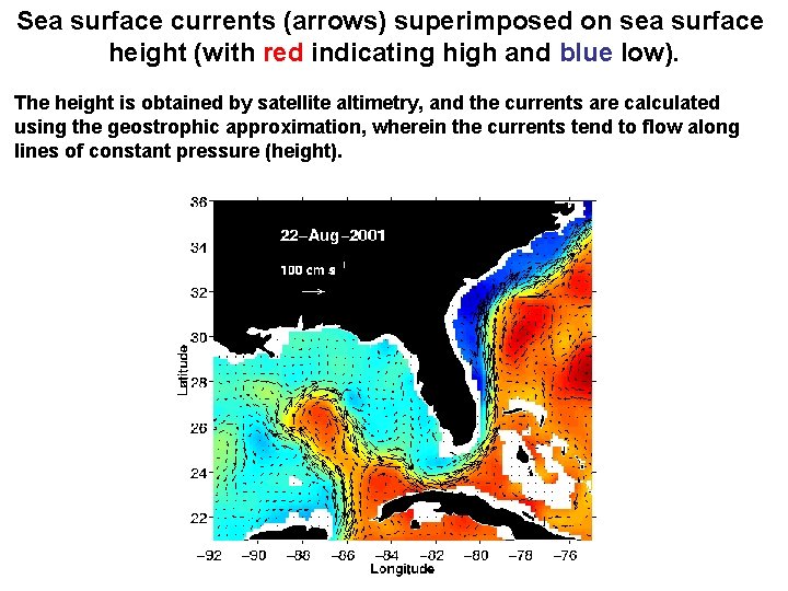 Sea surface currents (arrows) superimposed on sea surface height (with red indicating high and