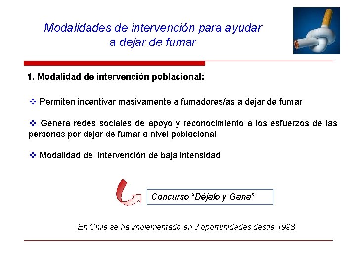 Modalidades de intervención para ayudar a dejar de fumar 1. Modalidad de intervención poblacional: