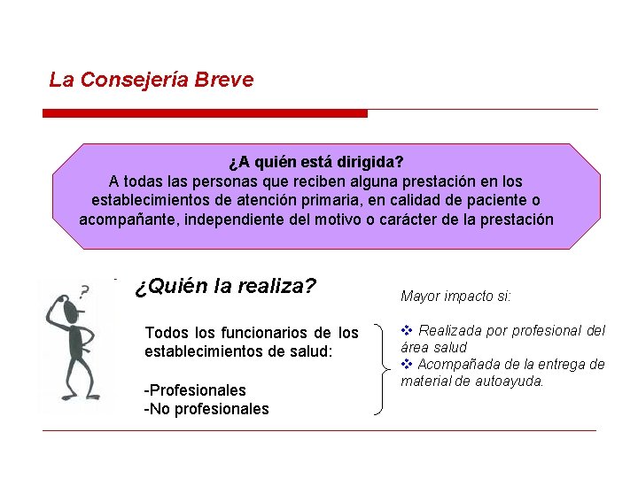 La Consejería Breve ¿A quién está dirigida? A todas las personas que reciben alguna