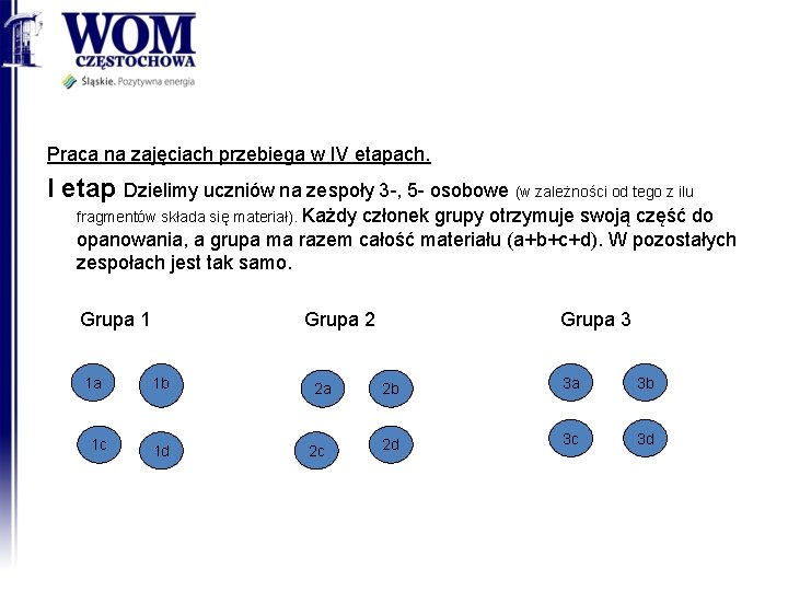 Praca na zajęciach przebiega w IV etapach. I etap Dzielimy uczniów na zespoły 3