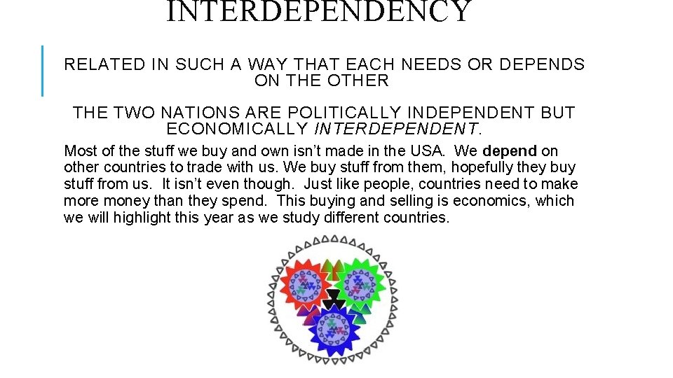 INTERDEPENDENCY RELATED IN SUCH A WAY THAT EACH NEEDS OR DEPENDS ON THE OTHER
