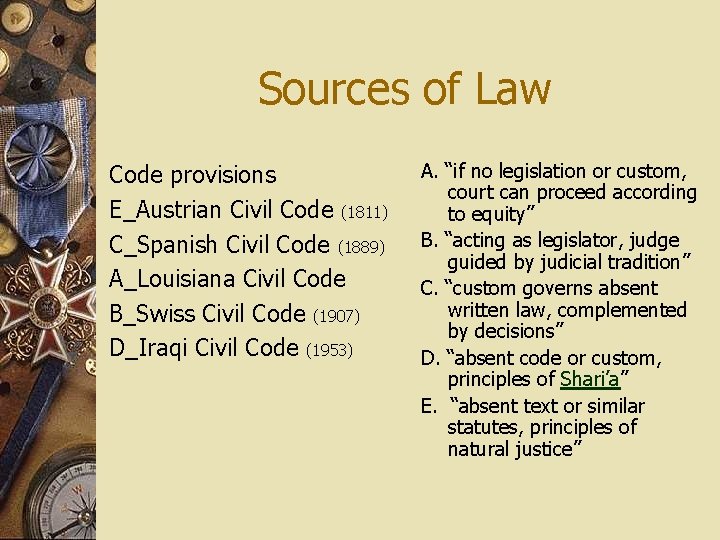 Sources of Law Code provisions E_Austrian Civil Code (1811) C_Spanish Civil Code (1889) A_Louisiana