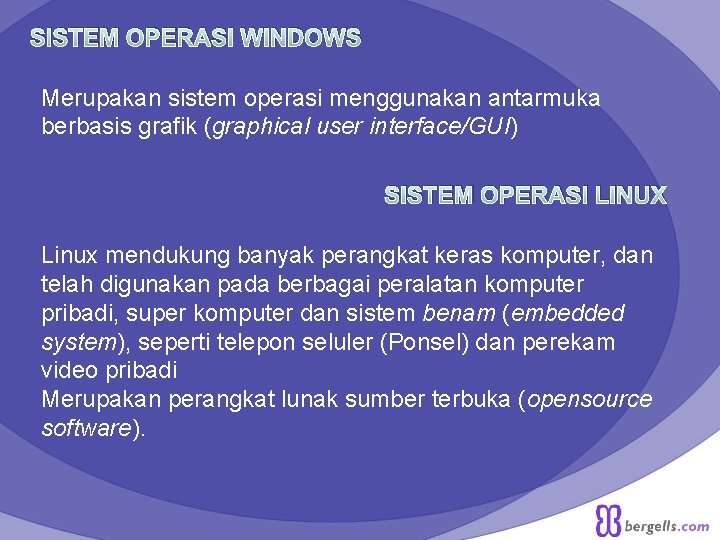 SISTEM OPERASI WINDOWS Merupakan sistem operasi menggunakan antarmuka berbasis grafik (graphical user interface/GUI) SISTEM