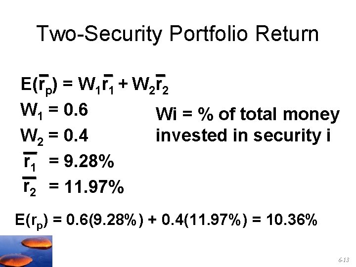 Two-Security Portfolio Return E(rp) = W 1 r 1 + W 2 r 2