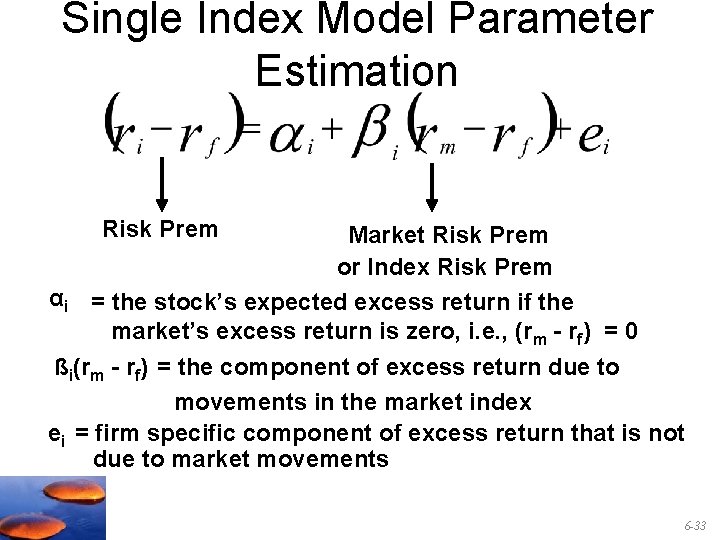 Single Index Model Parameter Estimation Risk Prem Market Risk Prem or Index Risk Prem