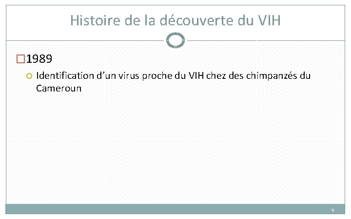 Histoire de la découverte du VIH � 1989 Identification d’un virus proche du VIH Histoire de la découverte du VIH � 1989 Identification d’un virus proche du VIH