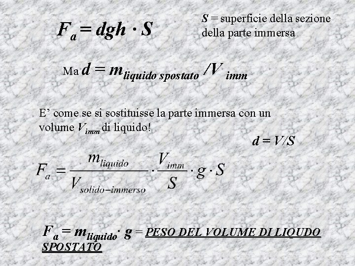 Fa = dgh · S Ma d S = superficie della sezione della parte