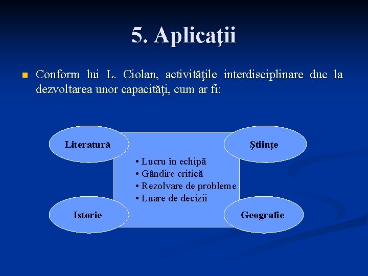 5. Aplicaţii n Conform lui L. Ciolan, activităţile interdisciplinare duc la dezvoltarea unor capacităţi,