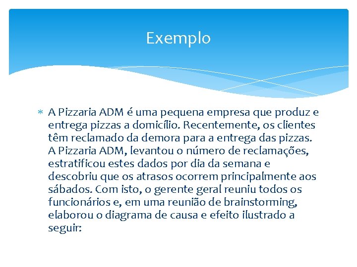 Exemplo A Pizzaria ADM é uma pequena empresa que produz e entrega pizzas a