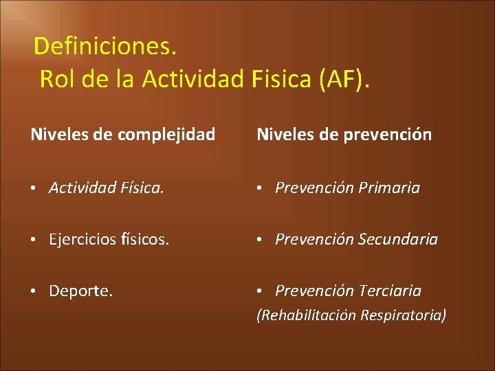 Definiciones. Rol de la Actividad Fisica (AF). Niveles de complejidad Niveles de prevención •