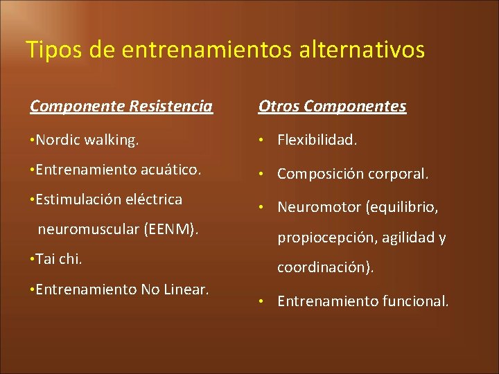 Tipos de entrenamientos alternativos Componente Resistencia Otros Componentes • Nordic walking. • Flexibilidad. •