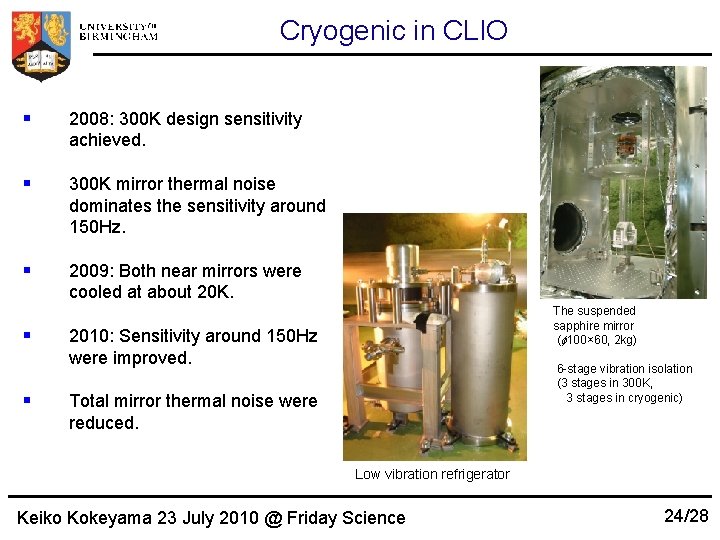 Cryogenic in CLIO 2008: 300 K design sensitivity achieved. 300 K mirror thermal noise