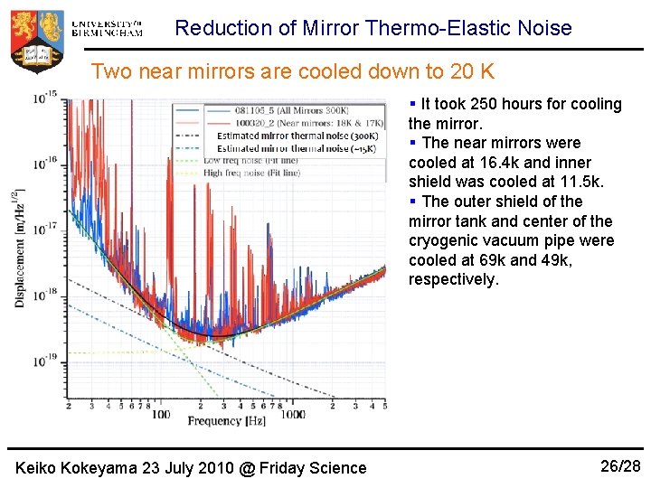Reduction of Mirror Thermo-Elastic Noise Two near mirrors are cooled down to 20 K