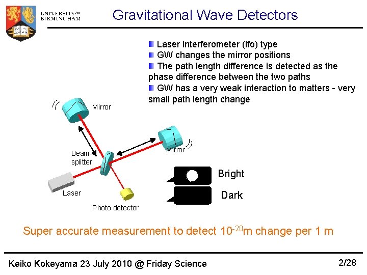 Gravitational Wave Detectors Mirror Laser interferometer (ifo) type GW changes the mirror positions The