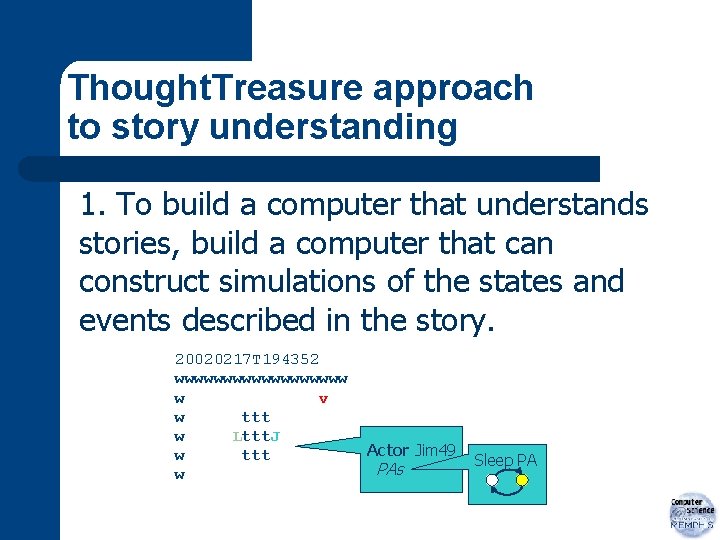 Thought. Treasure approach to story understanding 1. To build a computer that understands stories,