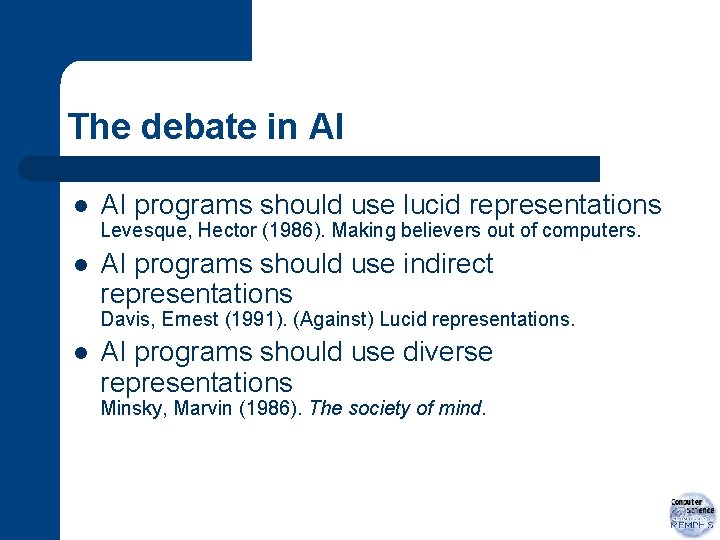 The debate in AI l AI programs should use lucid representations Levesque, Hector (1986).