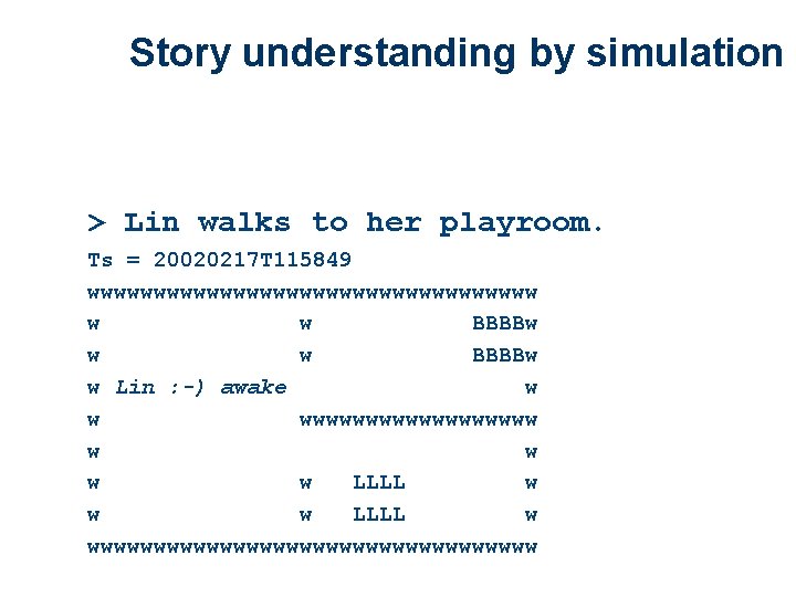Story understanding by simulation > Lin walks to her playroom. Ts = 20020217 T