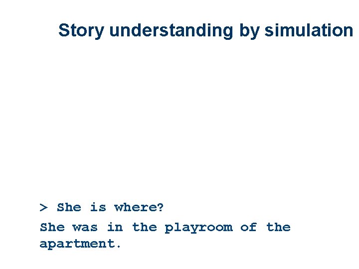 Story understanding by simulation > She is where? She was in the playroom of