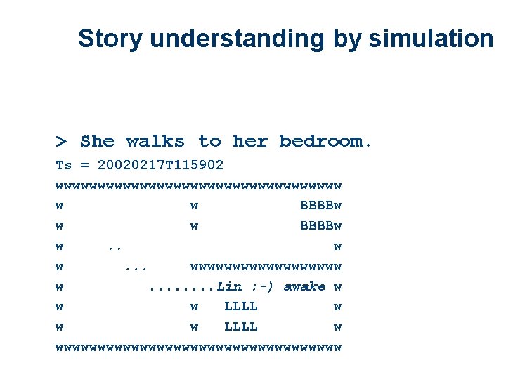 Story understanding by simulation > She walks to her bedroom. Ts = 20020217 T
