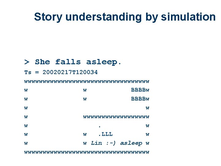 Story understanding by simulation > She falls asleep. Ts = 20020217 T 120034 wwwwwwwwwwwwwwwww