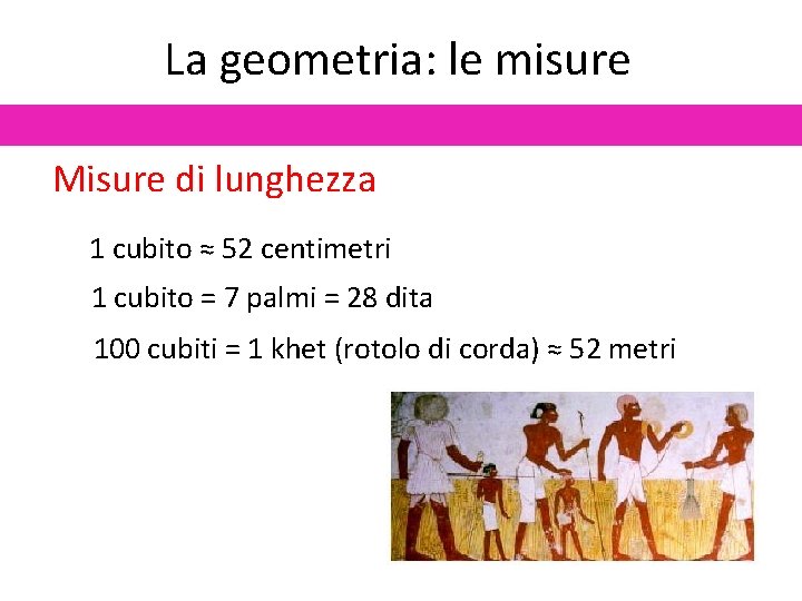 La geometria: le misure Misure di lunghezza 1 cubito ≈ 52 centimetri 1 cubito