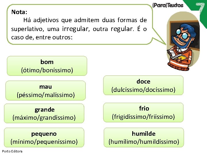 Nota: Há adjetivos que admitem duas formas de superlativo, uma irregular, outra regular. É