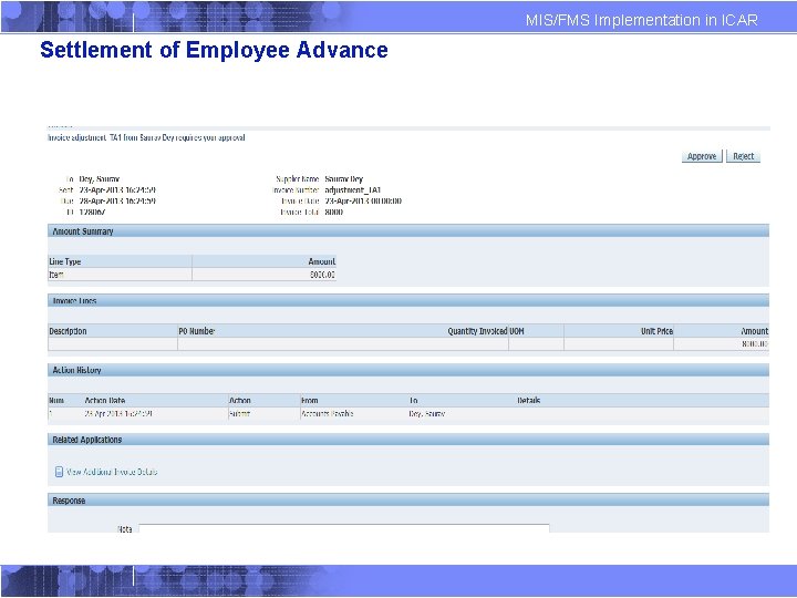 MIS/FMS Implementation in ICAR Settlement of Employee Advance 