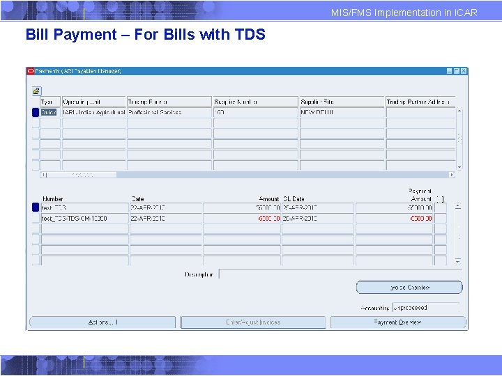 MIS/FMS Implementation in ICAR Bill Payment – For Bills with TDS After Receiving the