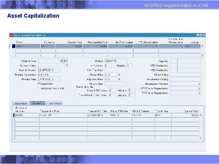 MIS/FMS Implementation in ICAR Asset Capitalization 