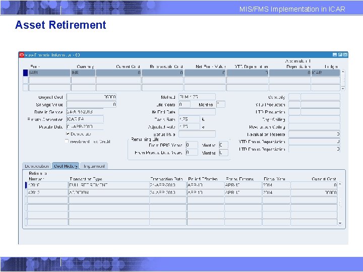 MIS/FMS Implementation in ICAR Asset Retirement 