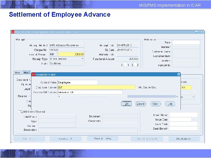 MIS/FMS Implementation in ICAR Settlement of Employee Advance 