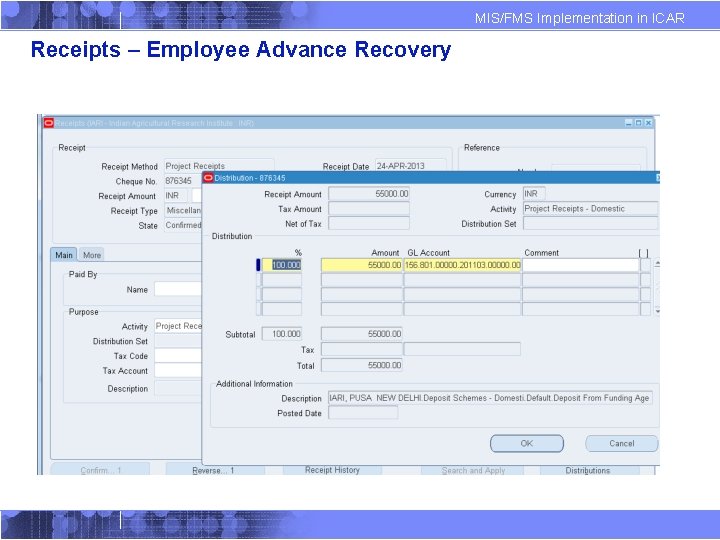 MIS/FMS Implementation in ICAR Receipts – Employee Advance Recovery 