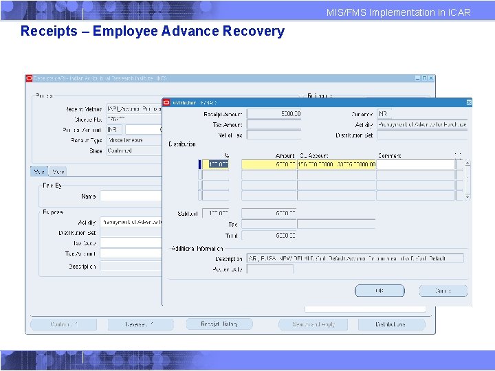 MIS/FMS Implementation in ICAR Receipts – Employee Advance Recovery 